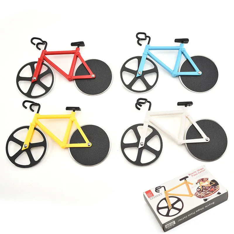 Bicycle-shaped pizza cutter with stainless steel wheel and ABS handle, red colour