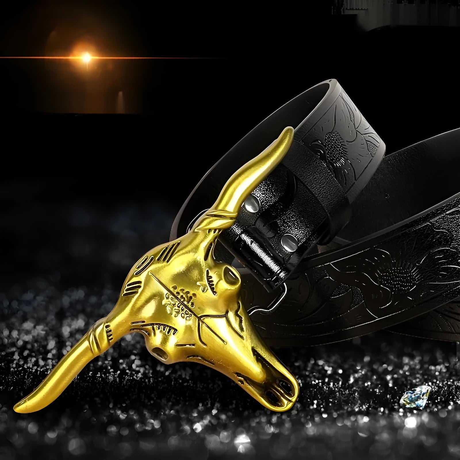 Men's cow head buckle belt in imitation leather with alloy buckle showing embossed detailing