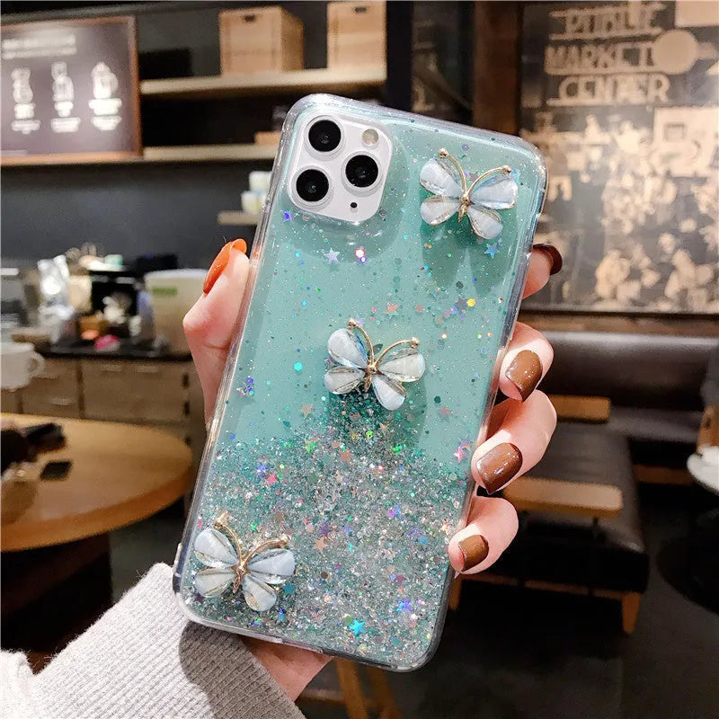 Butterfly glitter starry sky TPU phone case for iPhone with drop protection in transparent blue