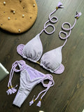 Women's solid colour braided rope bikini suit with cotton lining and nylon fabric for swimming