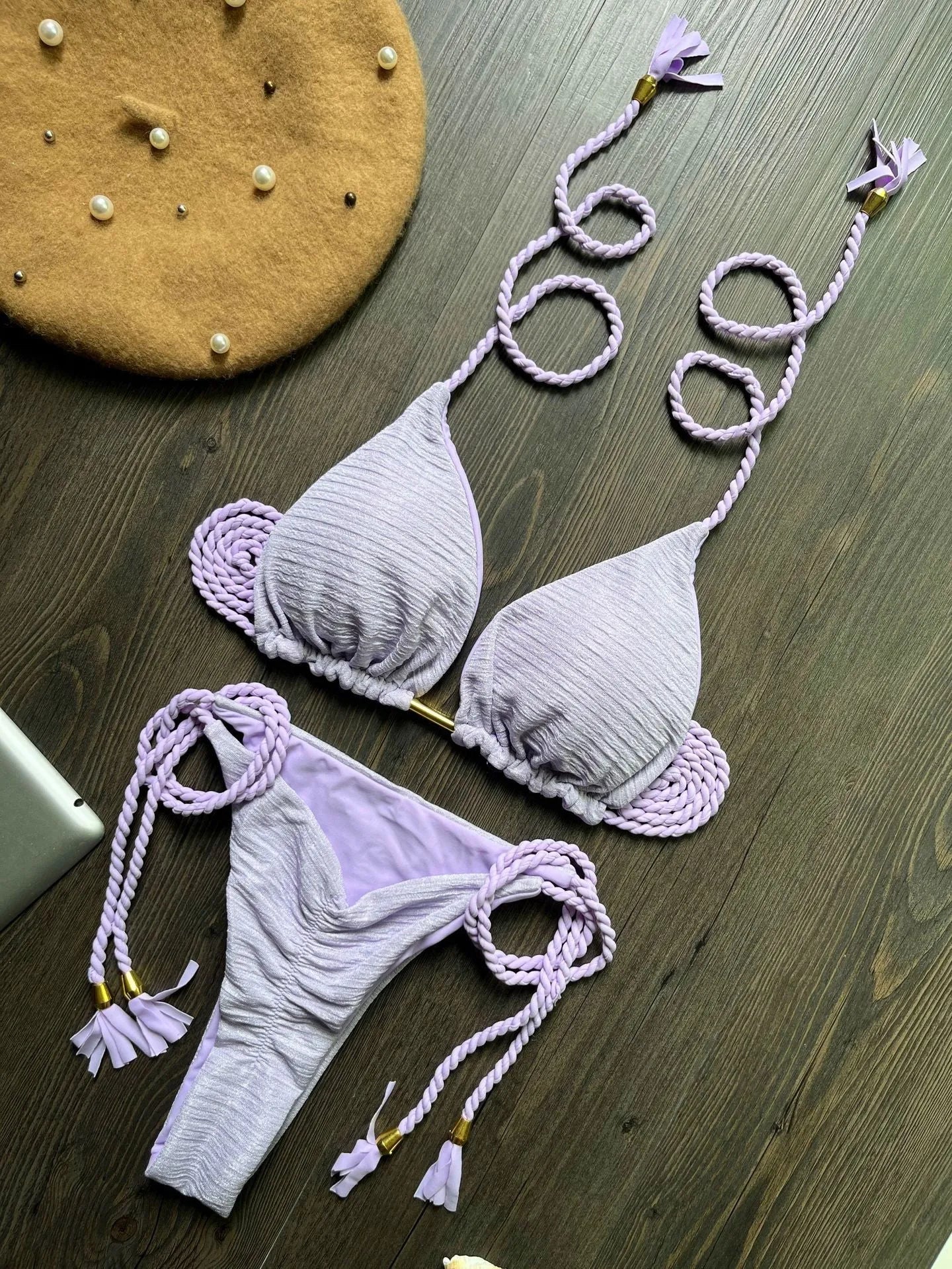 Women's solid colour braided rope bikini suit with cotton lining and nylon fabric for swimming