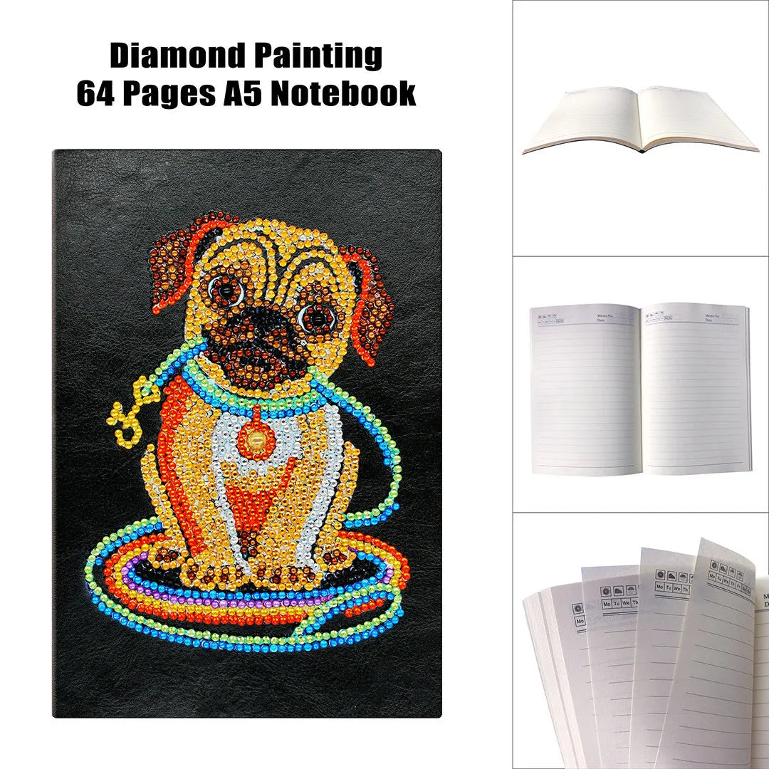 Black A5 diamond painting notebook showing dimensions and 50 blank pages for custom craft projects