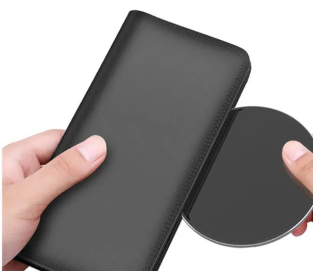 Ultra-thin aluminium alloy wireless charging pad in a choice of colours showing LED indicator and Micro USB port.