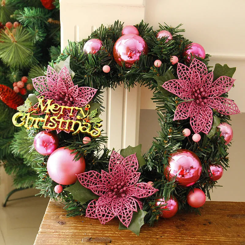 Multicolour plastic Christmas wreath with a 30cm diameter, shown in red against a door.