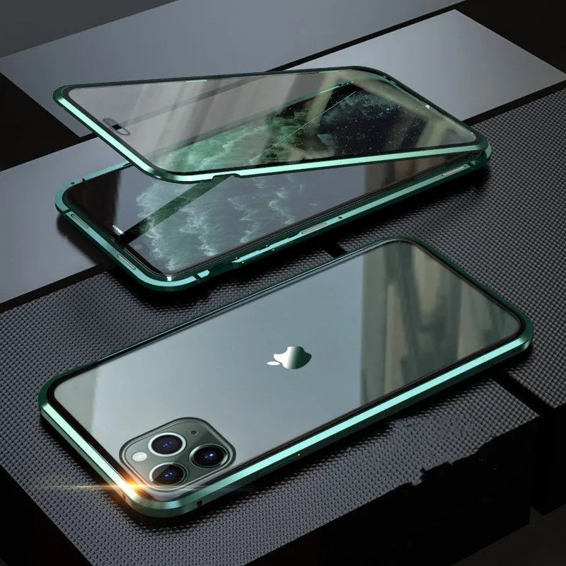 Glass anti-spy clamshell case for iPhone in multiple colours showing geometric pattern