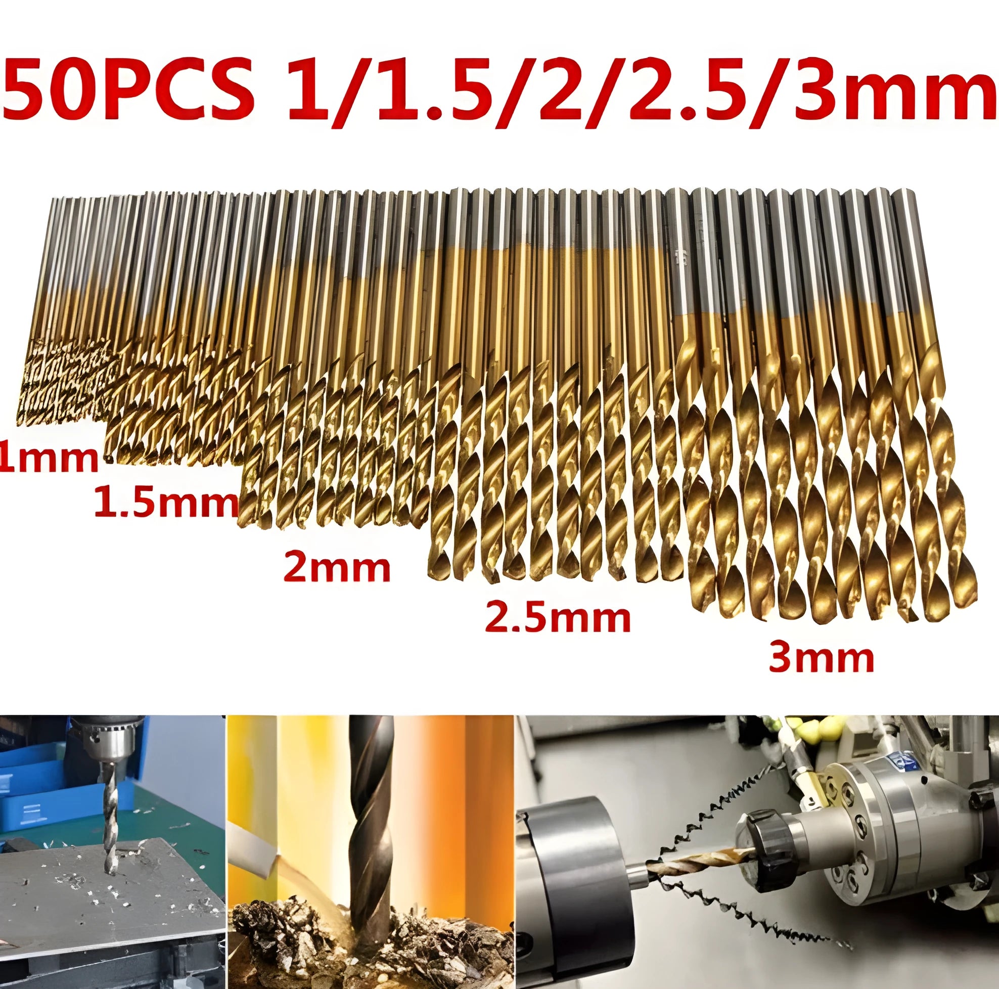 50-piece titanium coated HSS steel drill bit set with sizes from 1.0mm to 6.5mm for metal, wood, plastic and masonry drilling