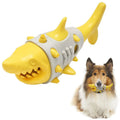 Blue, grey, and yellow dog chew toy with shark-tooth texture design.