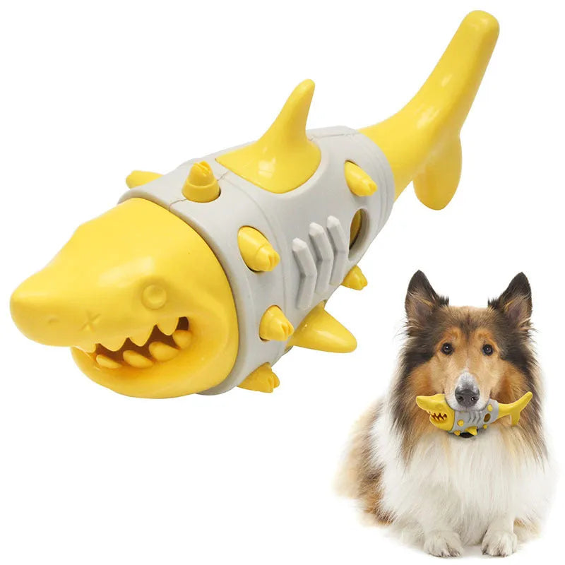 Blue, grey, and yellow dog chew toy with shark-tooth texture design.
