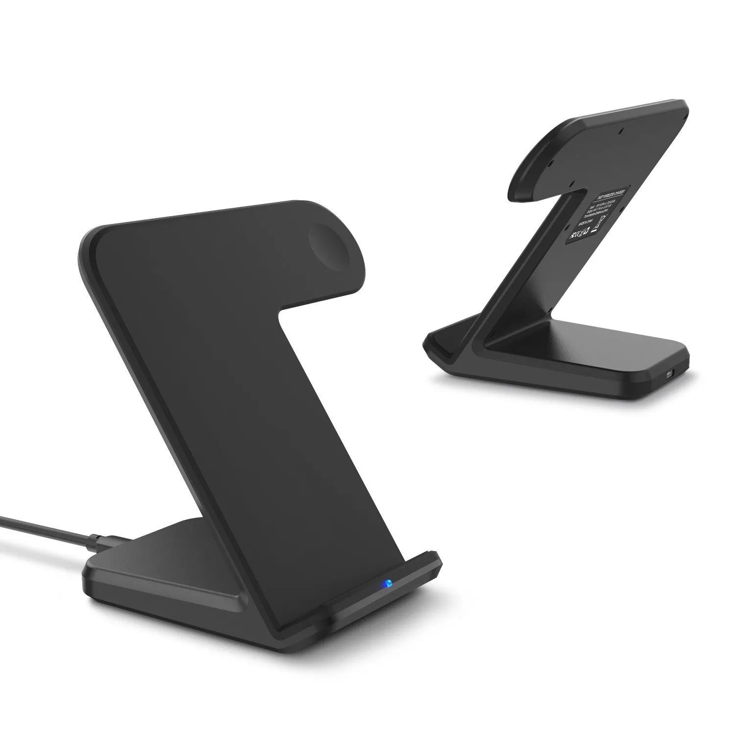 Black Qi wireless charging pad with phone on top and USB-C cable.