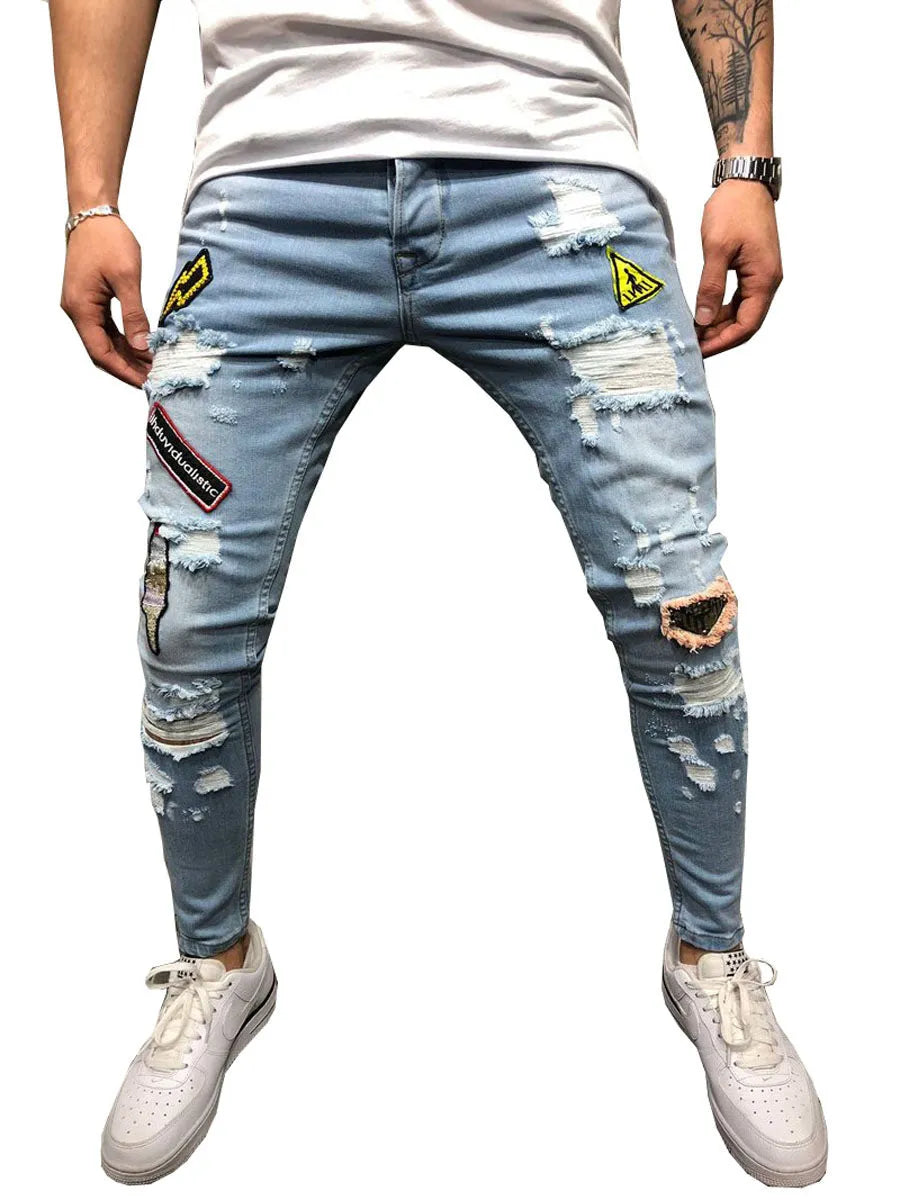 Men's retro low-waist pencil jeans in blue, flat front, cotton polyester blend with zip fly