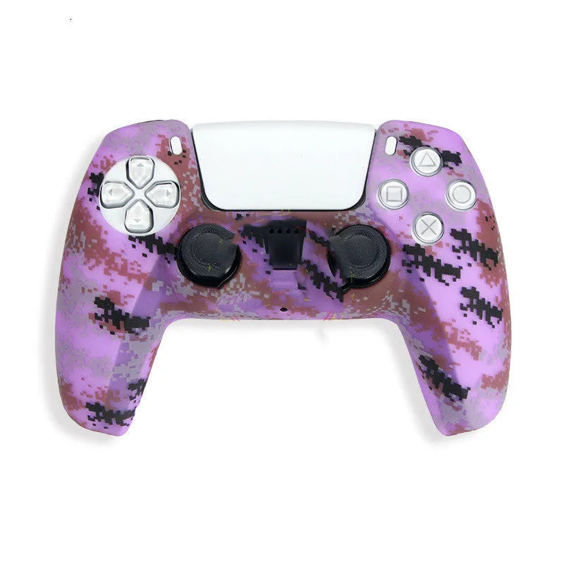 Camouflage silicone case fitted on a PS5 controller handle showing textured surface and snug fit