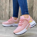 Breathable mesh lace up sneakers for women with low wedge heel, round toe, available in multiple colours