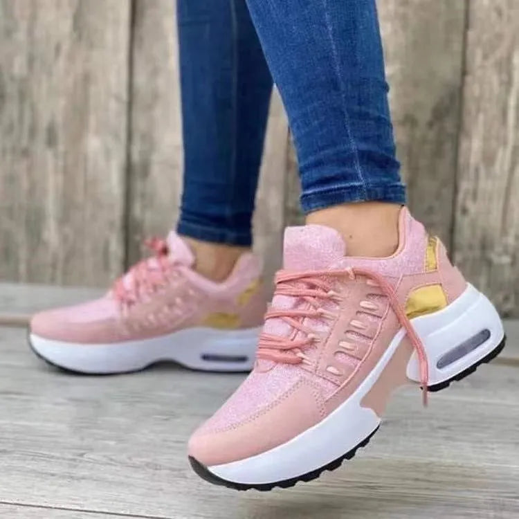 Breathable mesh lace up sneakers for women with low wedge heel, round toe, available in multiple colours