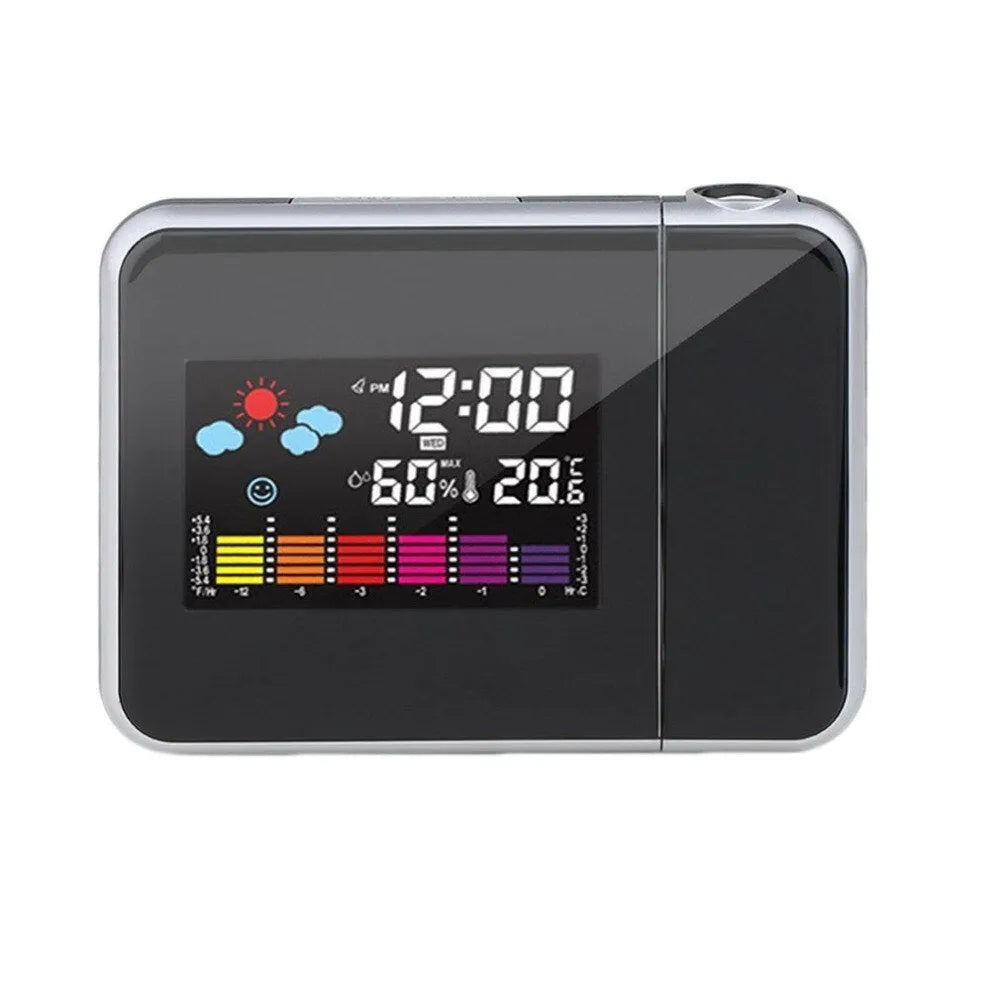Black digital projection alarm clock with multicolour LED display measuring 15x11x2.5cm