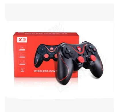 Upgraded black X3 Bluetooth wireless game controller for Android phones with attached phone clip.