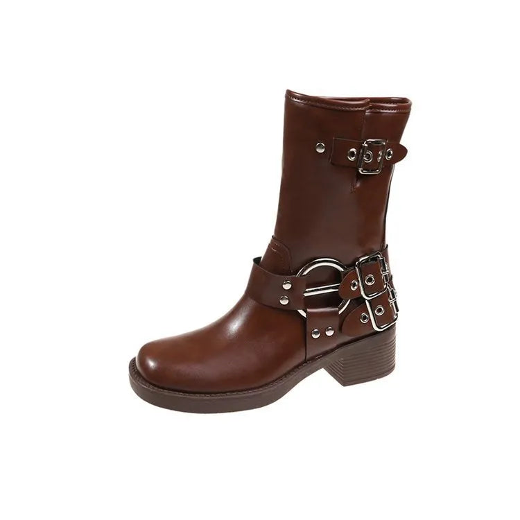 Women's black platform ankle boots with buckle detail and chunky sole