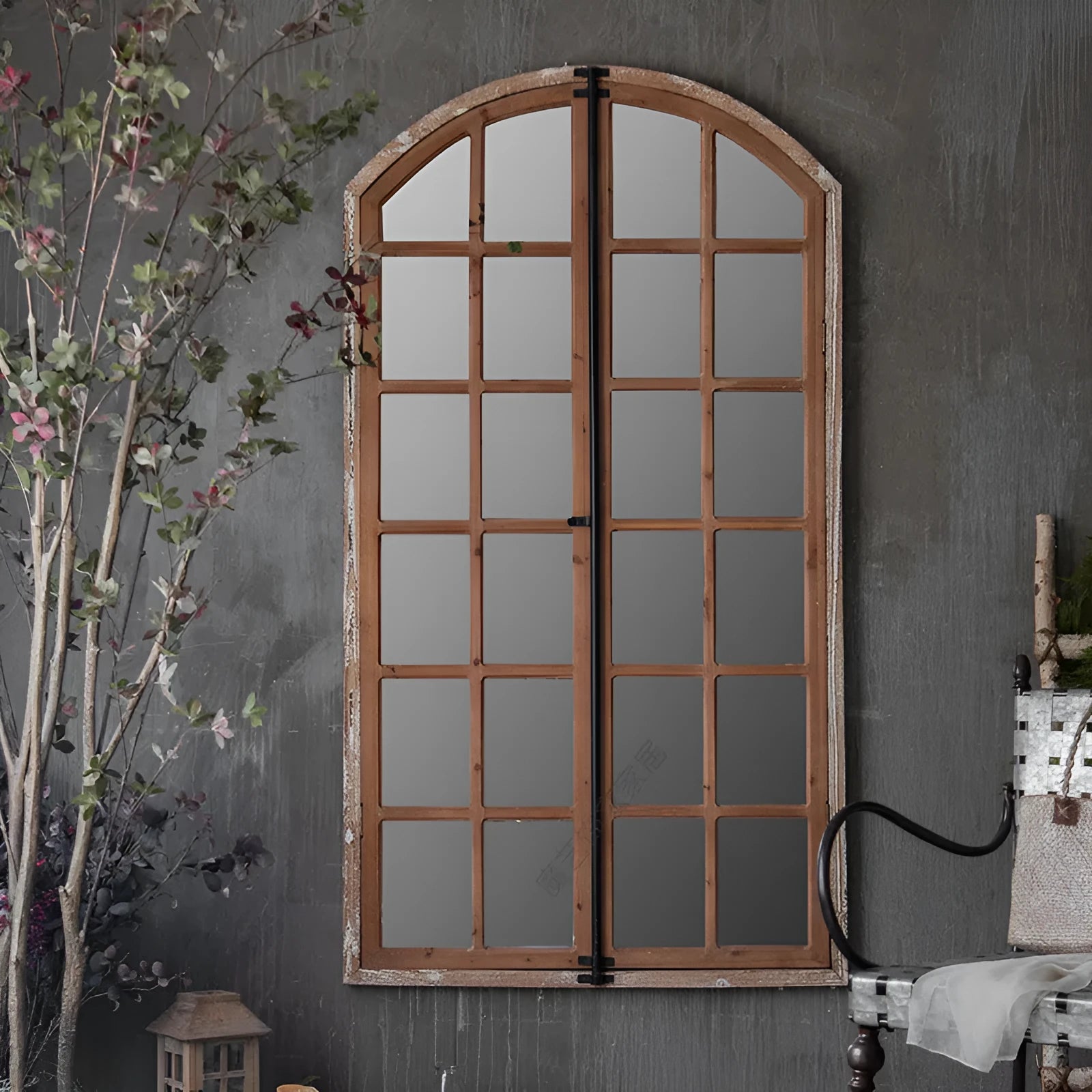 Terrace style distressed wooden frame fake window wall mirror in log colour