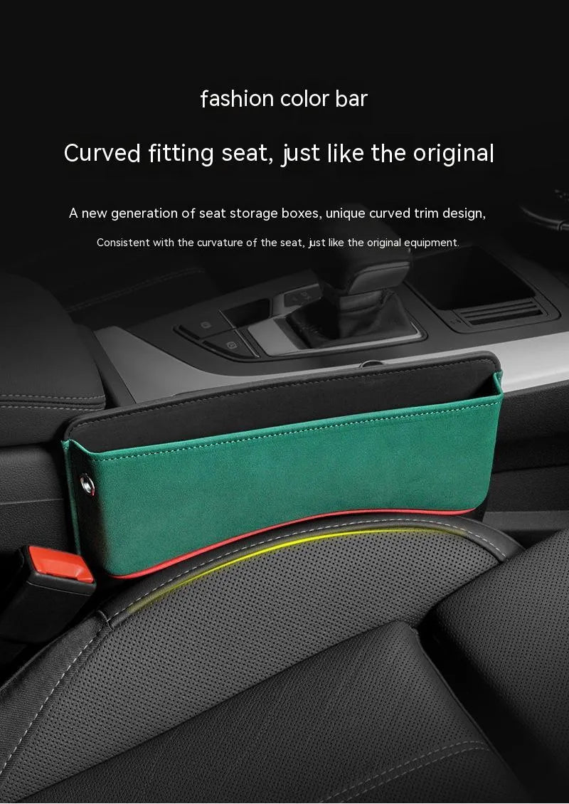 Black leather car seat storage box on a vehicle seat showing its rectangular shape and size.