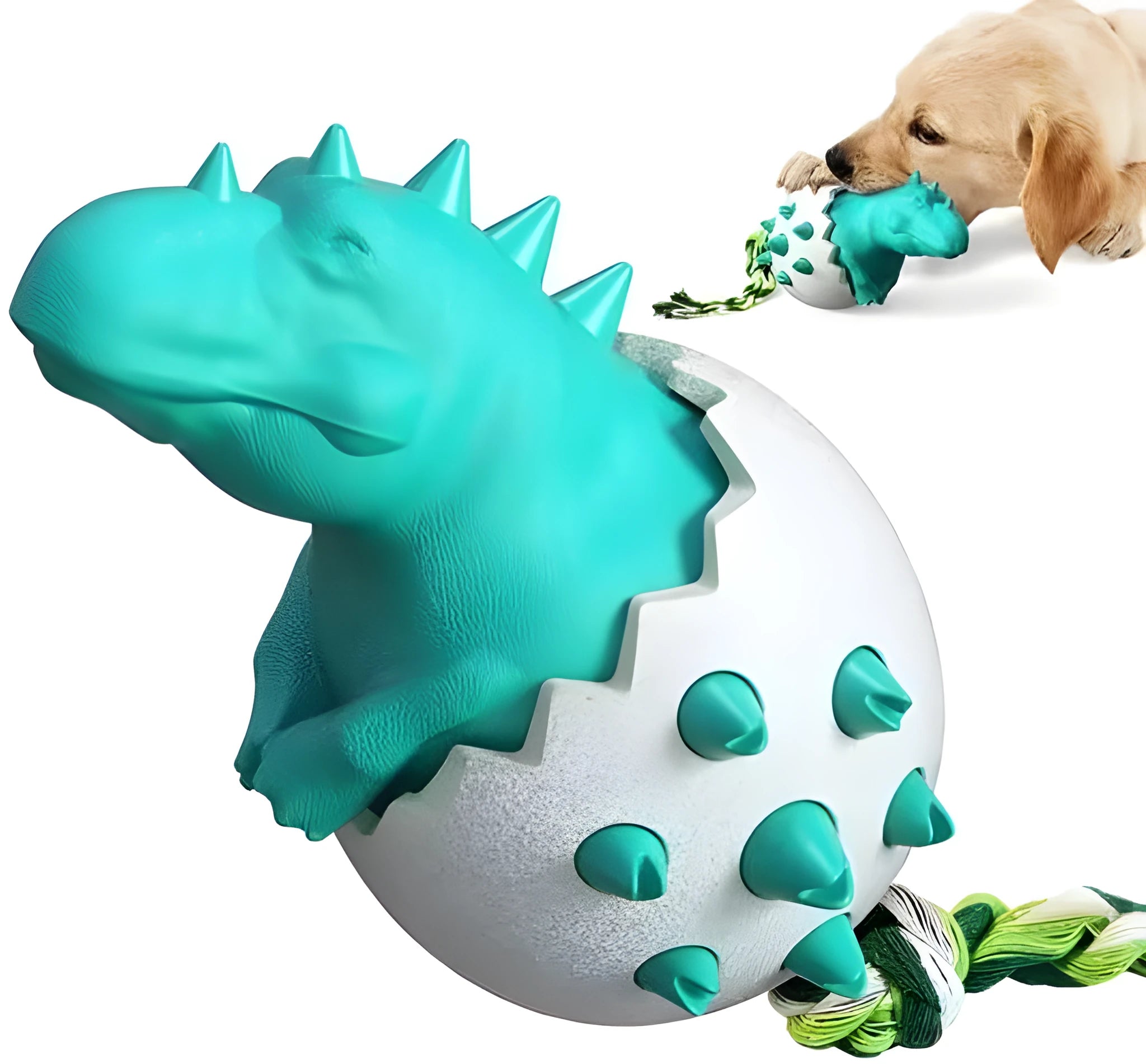 Blue dinosaur dog chew toy with rope tug element for aggressive chewers