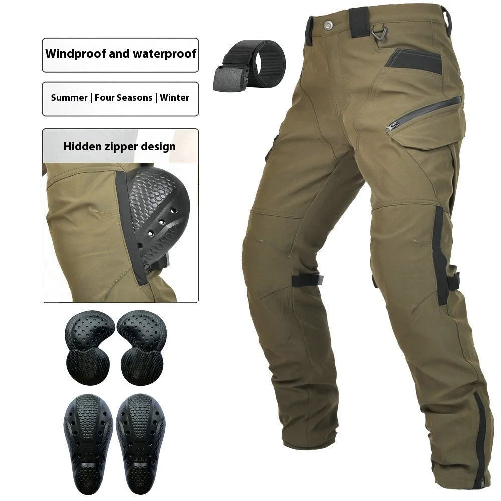Motorcycle waterproof cycling trousers with protective gear set in black or green belt colours