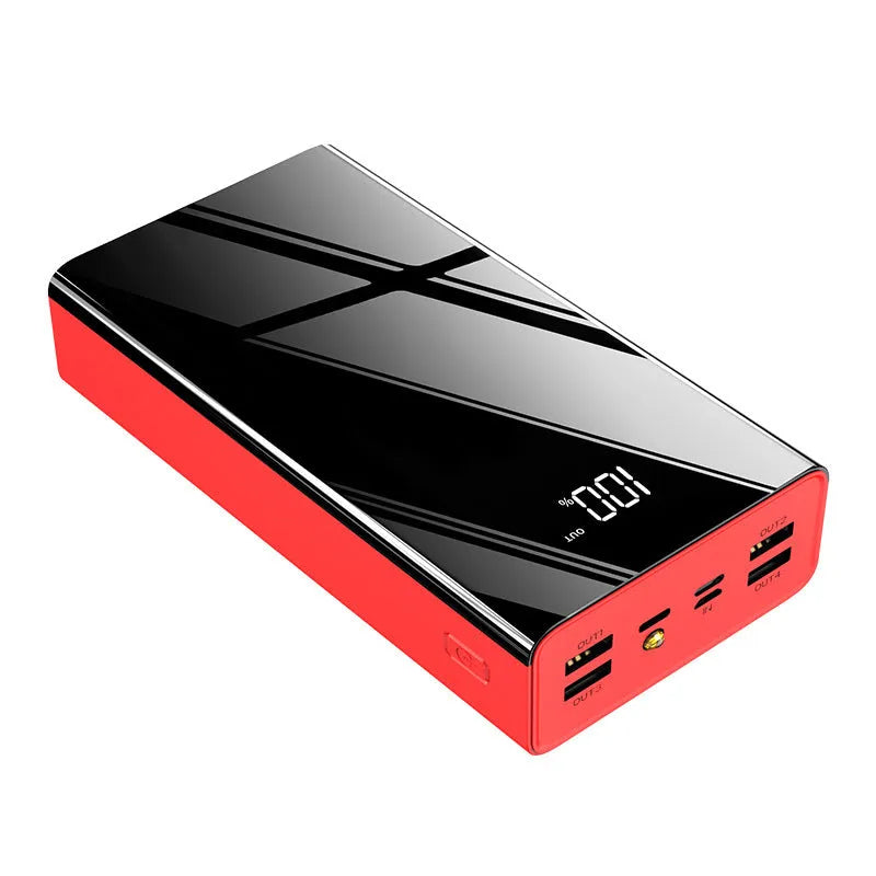 Large black or red 40000mAh power bank with LCD digital display showing battery level.