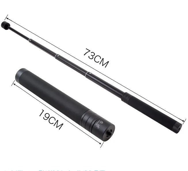 Black retractable lengthened selfie stick extended as a hand-held stabiliser