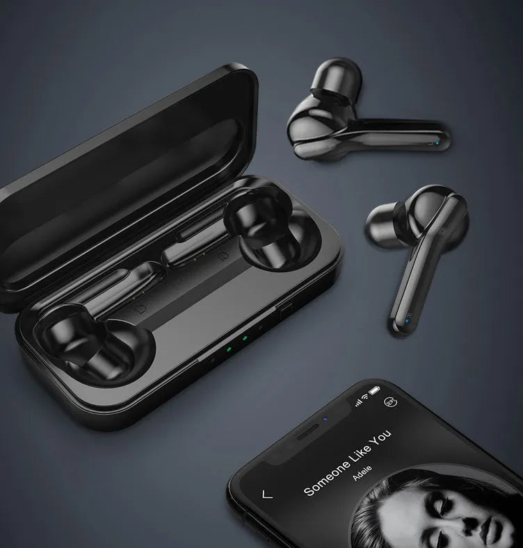 Black and white TWS wireless Bluetooth 5.0 in-ear headphones with IPX5 rating.