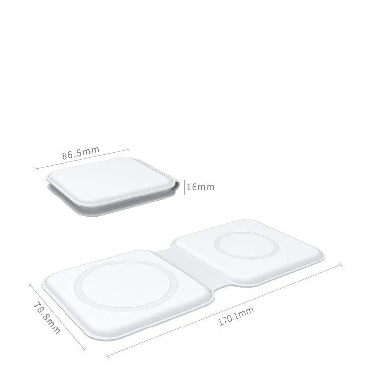 White foldable magnetic wireless charging dock showing dual charging surfaces and 180° folding mechanism