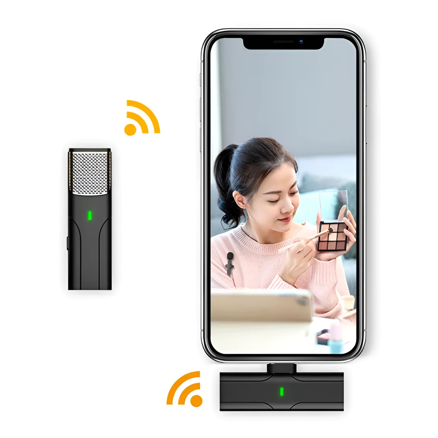 Black wireless lavalier lapel microphone with clip and Type-C charging cable on a table.