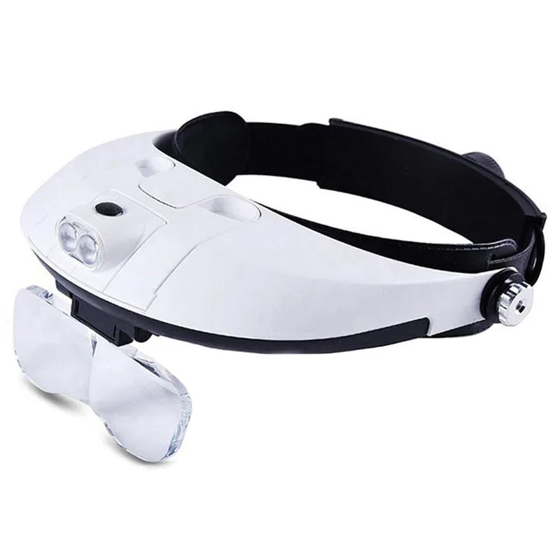 Head mounted magnifier with five lens plates and dual LED light on adjustable head strap
