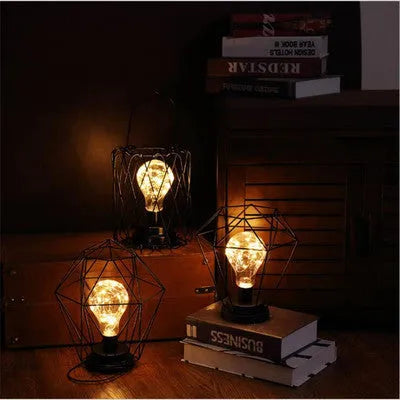 Decorative wrought iron table lamp in wine bottle shape with warm white LED lighting