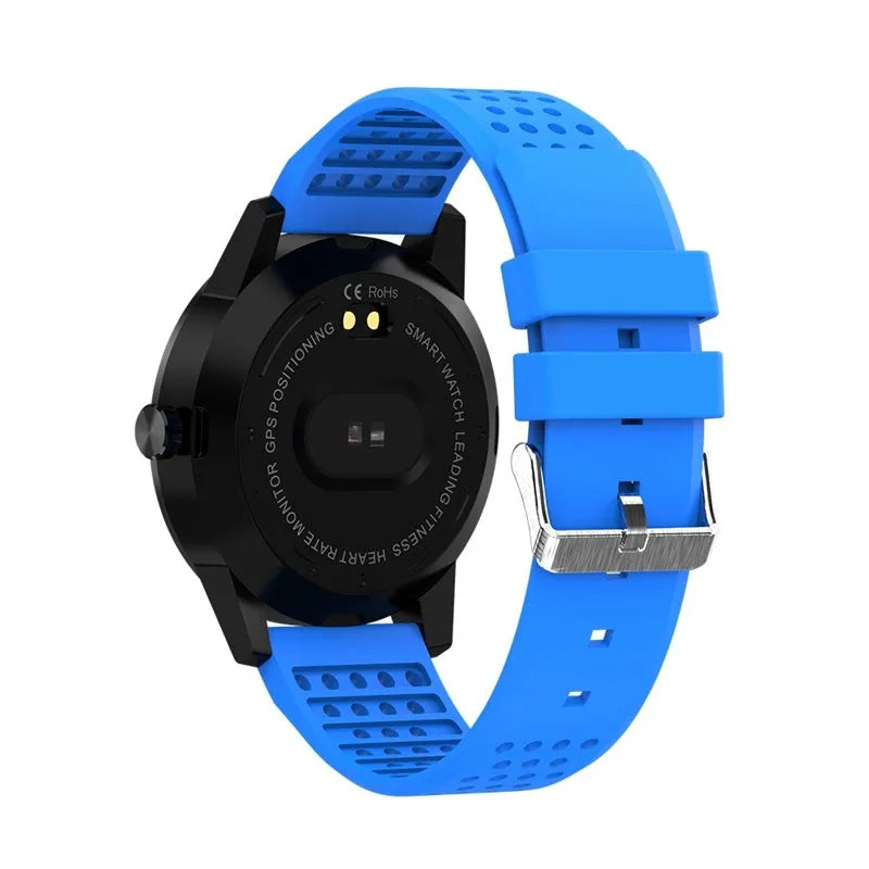 Black and blue smart bracelet with colour screen showing heart rate and fitness data