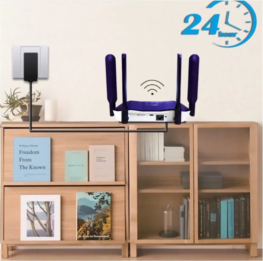 Blue dual mode 4G and wired router with four extended antennas showing front panel indicators