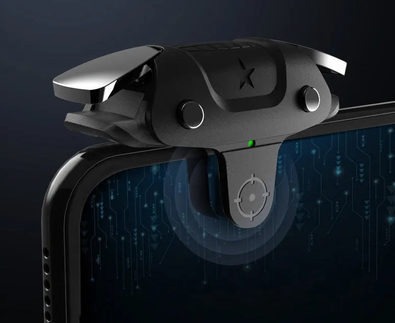 Black F5 wireless game controller for mobile phones, showing joystick and buttons.