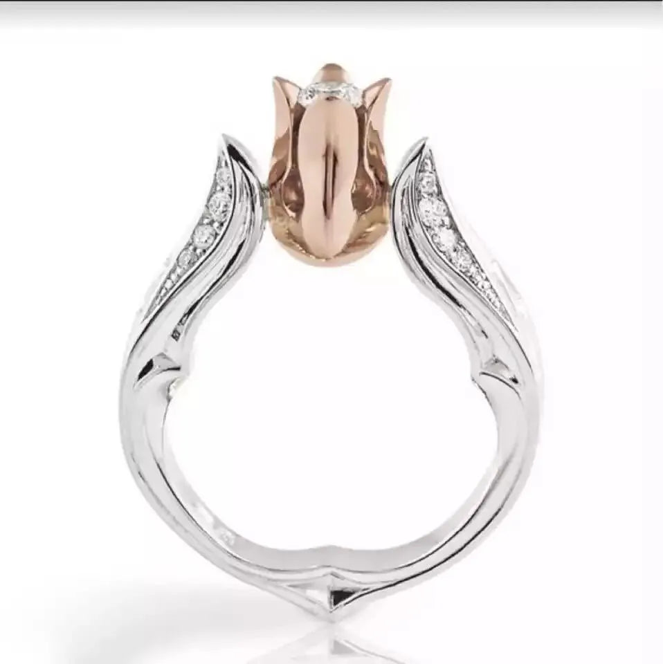 Women's flower separation simulation diamond ring in copper with gold plating, zircon stone, and rose colour separation, sizes 5-10
