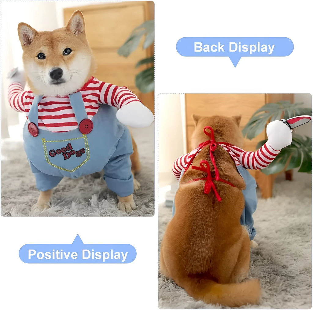 Striped Halloween costume pants and harness set for a dog or cat with a faux knife accessory.