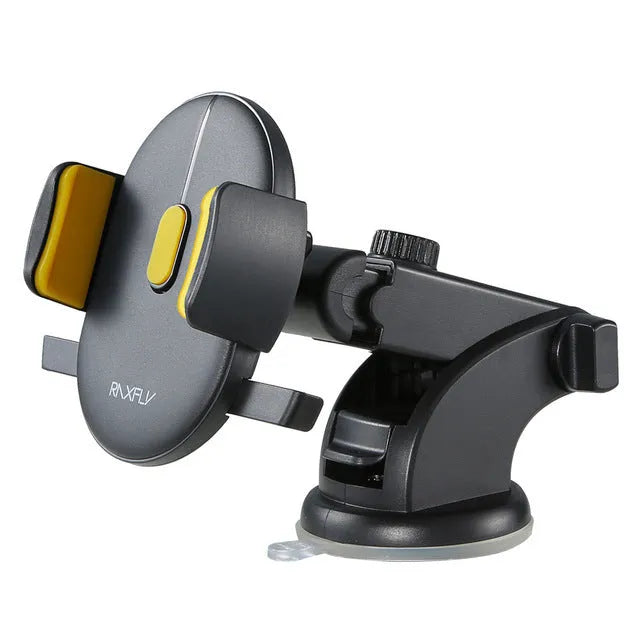 Yellow and black telescopic car phone holder with gel suction cup mounted on dashboard