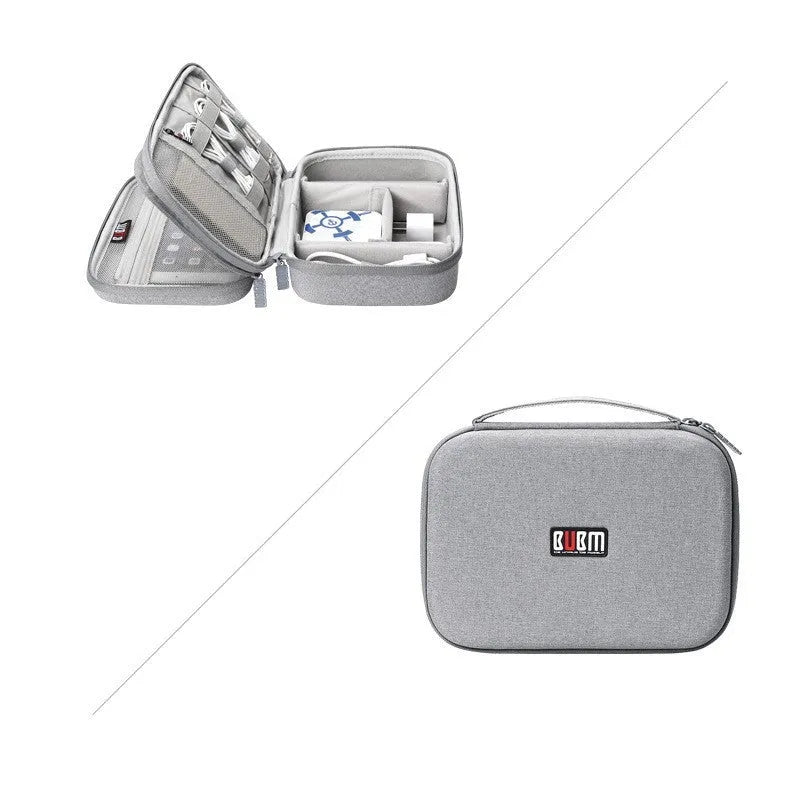 Black and grey EVA digital storage bag for organising headphones, cables, and small electronics.