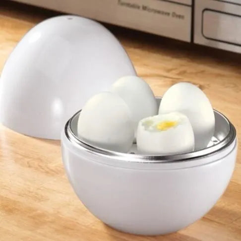 White microwave egg steamer for 4 eggs with vent hole and secure knob