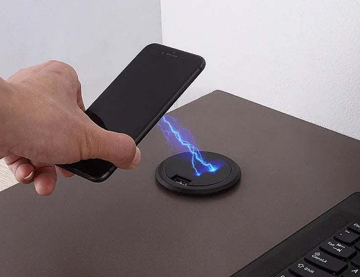Round hidden wireless phone charger for desk or table installation, shows 60mm and 75mm size options.