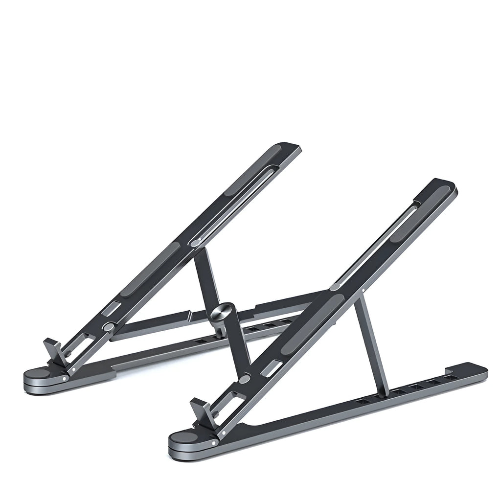Foldable aluminium laptop stand in silver showing adjustable height mechanism and compact folded size