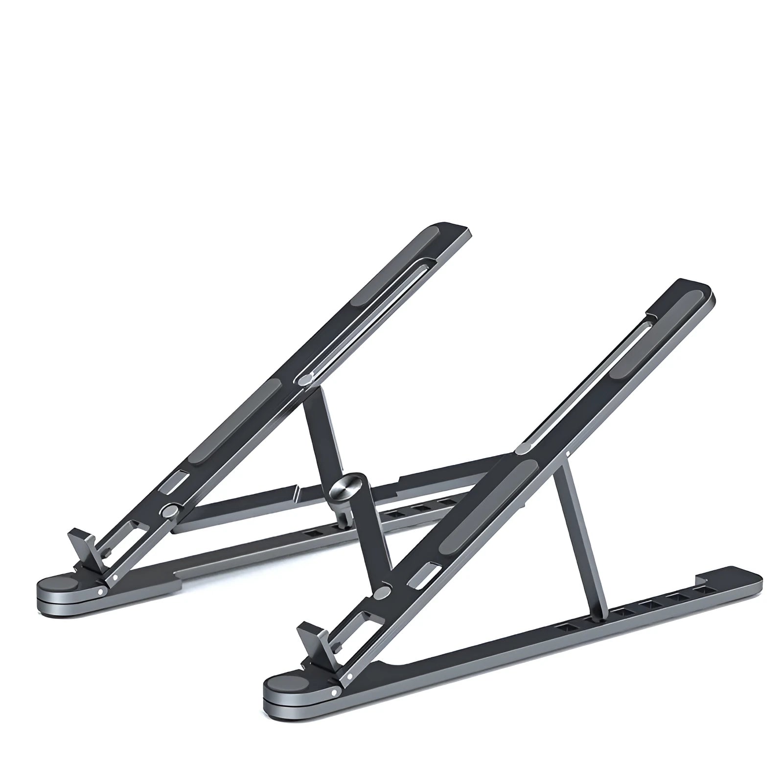 Foldable aluminium laptop stand in silver showing adjustable height mechanism and compact folded size