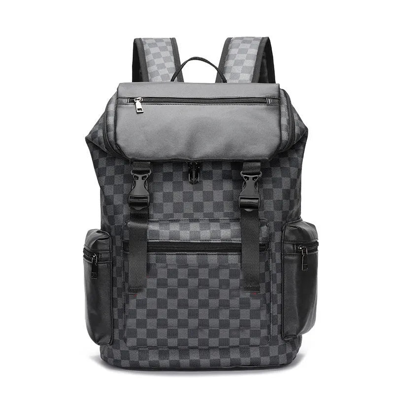 Korean casual checkered printed large capacity backpack in PU leather with curved shoulder strap