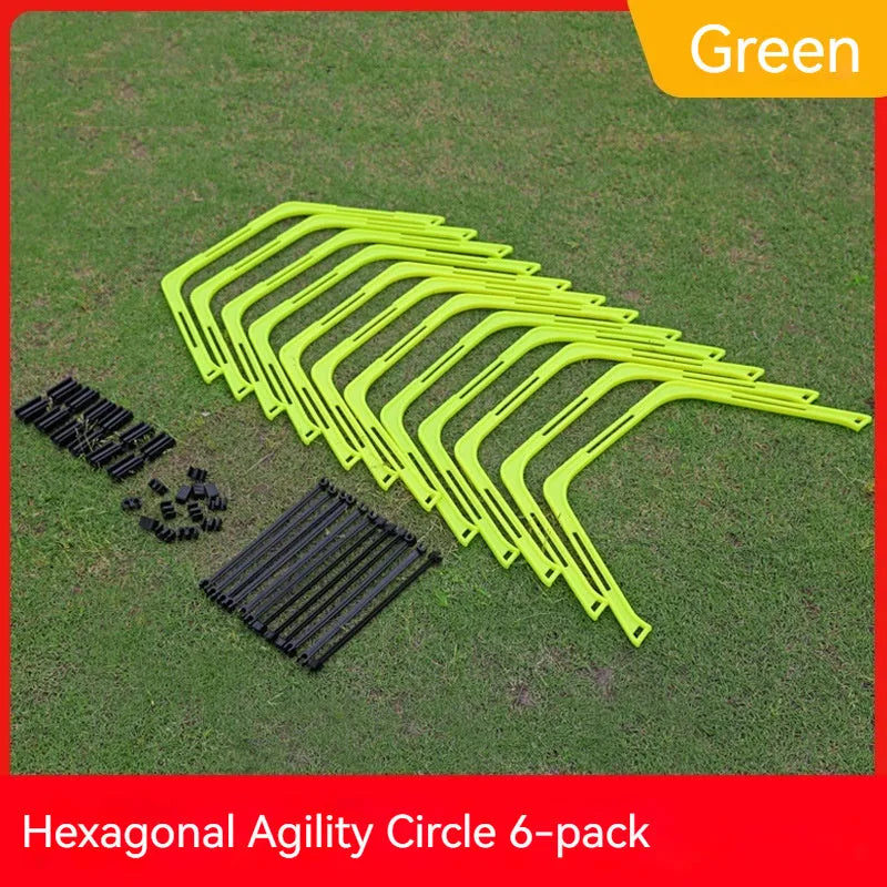 Six foldable hexagon football agility training rings in yellow, green and orange colours