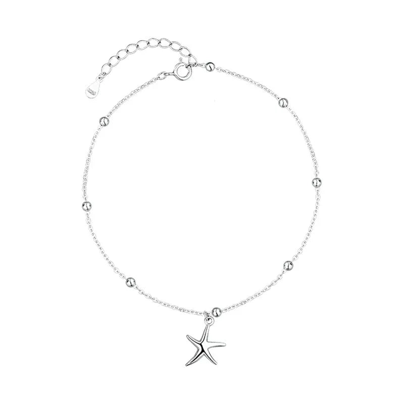 S925 sterling silver anklet with starfish charm and round beads on adjustable chain