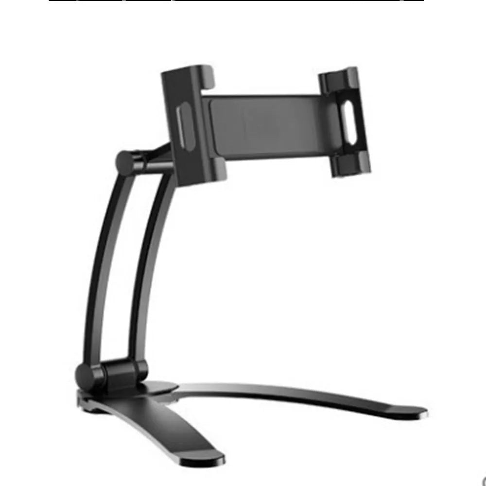Silver aluminum alloy tablet stand with white mount holding tablet at adjustable angle