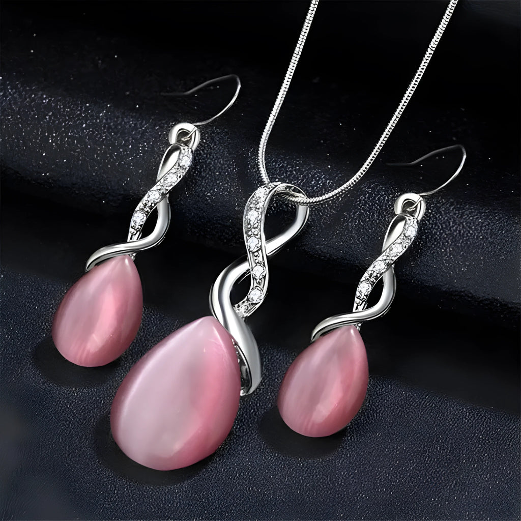 Fashion opal and cubic zirconia jewellery set with water drop pendant necklace and matching drop earrings