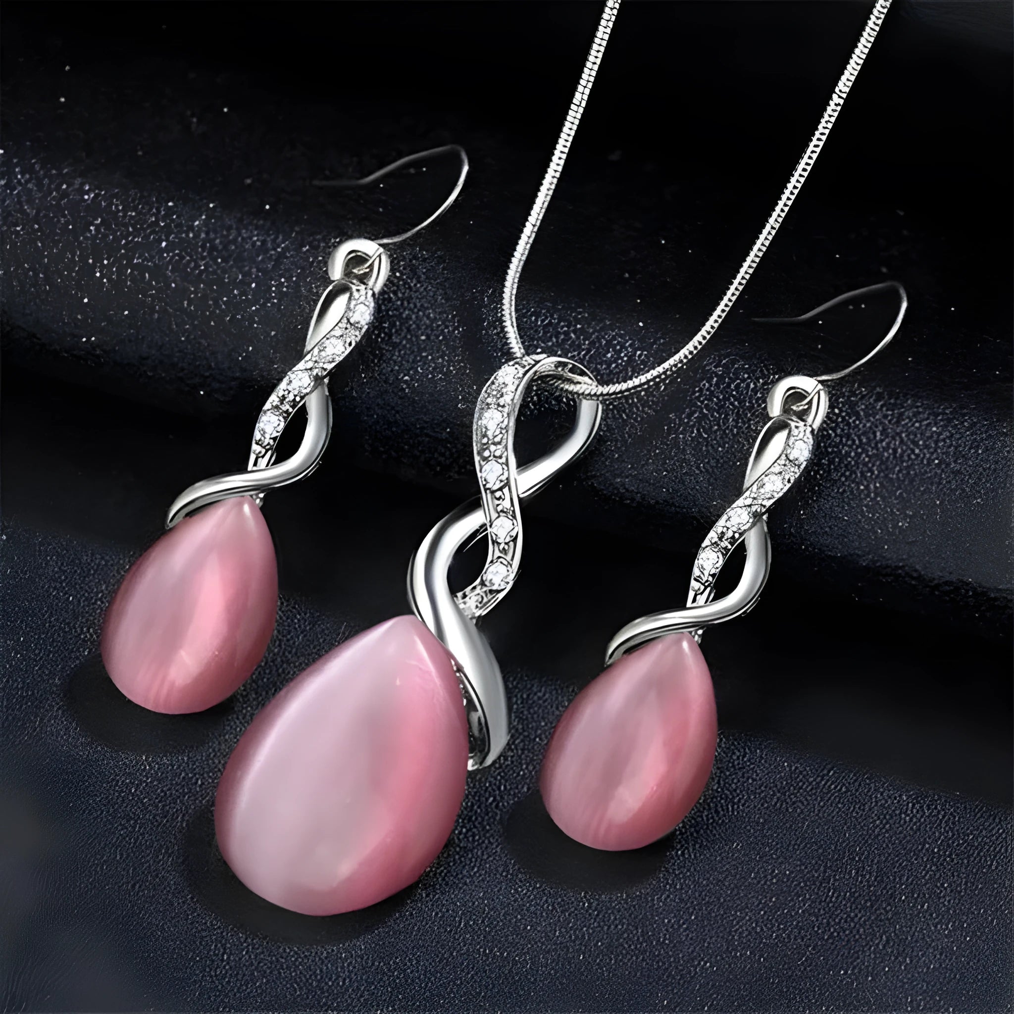Fashion opal and cubic zirconia jewellery set with water drop pendant necklace and matching drop earrings