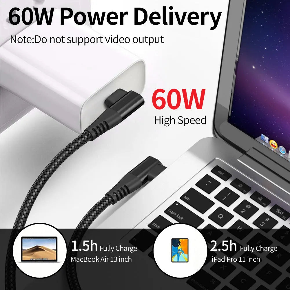 Double-headed charging cable with woven exterior, Lightning and Type-C ends, black colour, available in 1m 2m 3m