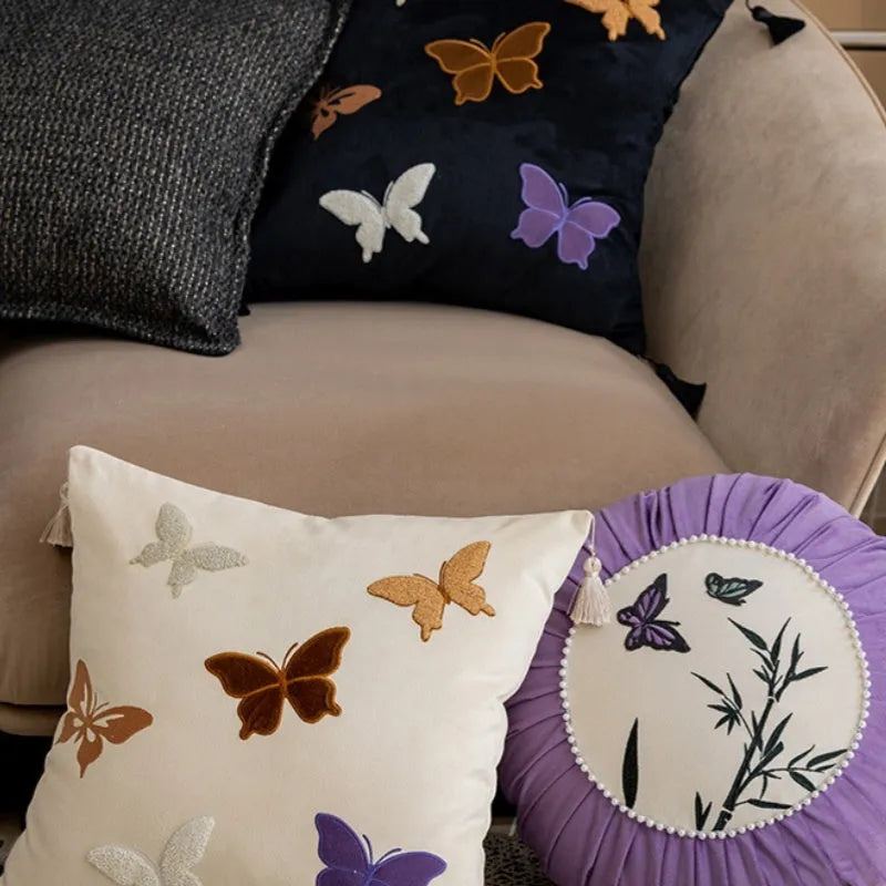 Square butterfly embroidery cushion in beige, black, or purple, 45x45cm.
